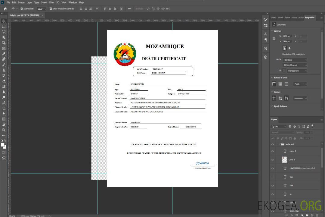 Modèle Word et PDF de certificat de décès de l'état civil du Mozambique template